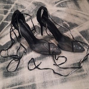 Azalea Wang Law black suede strappy heels stilettos Pumps Rhinestone size 9